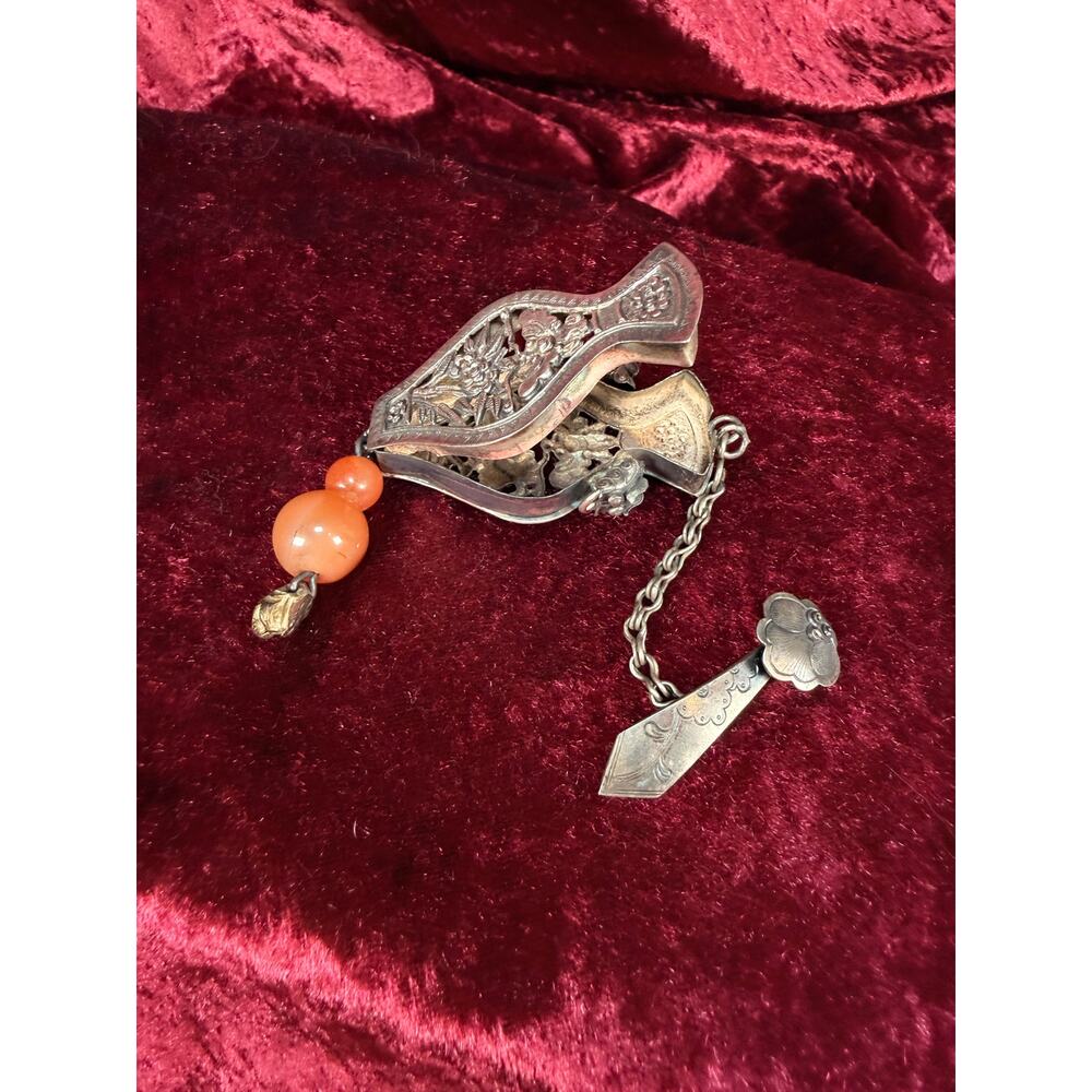 Antique Silver Needle Case Pendant Chatelaine Carnelian Bead Late Qing Dynasty - Picture 13 of 15